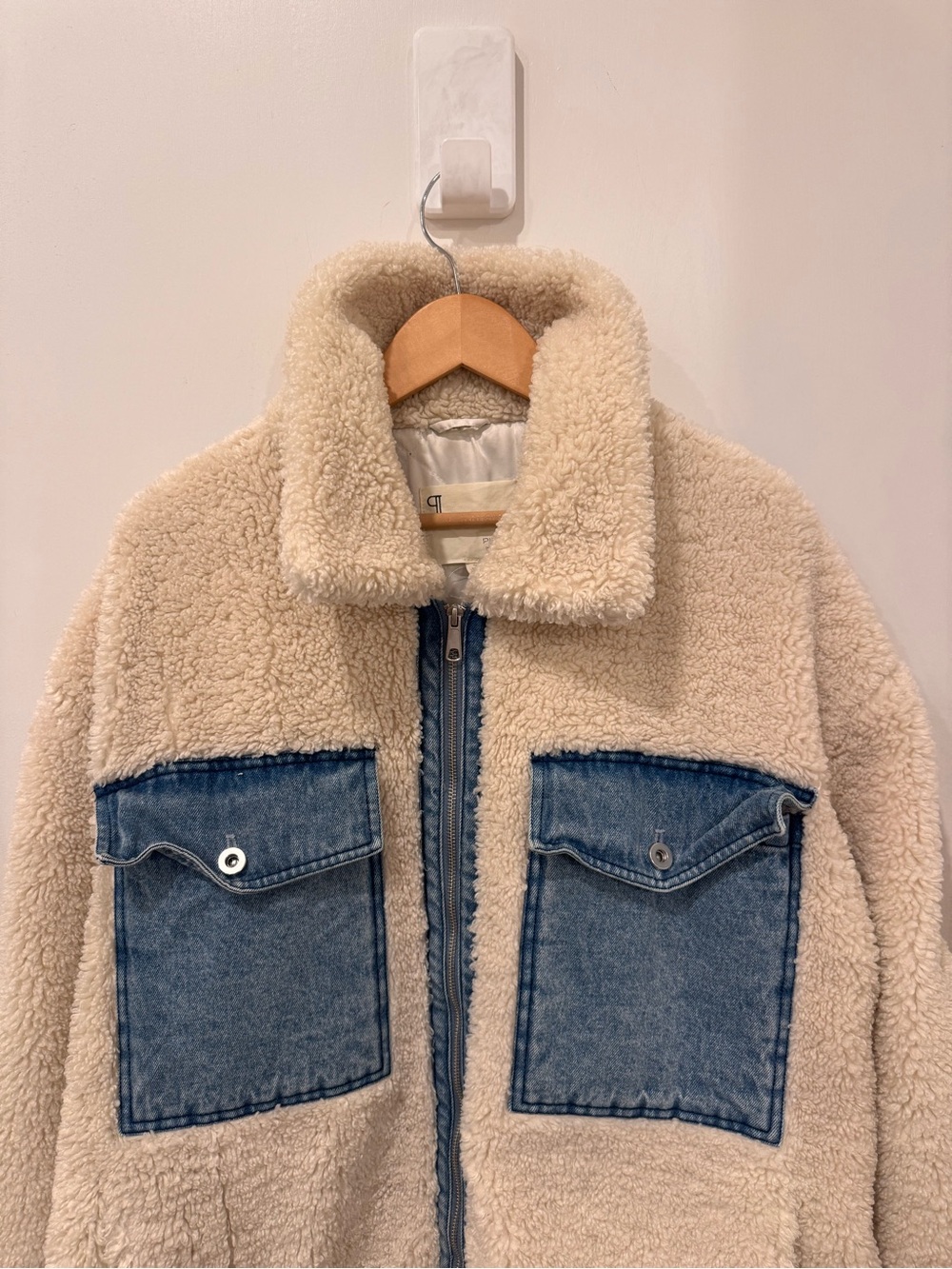 Anthropologie Pilcro Sherpa Denim Trucker Jacket Cream XL Oversized - Picture 3 of 5